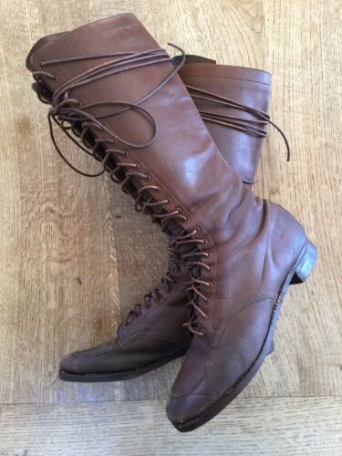 Antique vintage tall lace brown leather boots hiking aviator riding 9 9.5 10 GUC