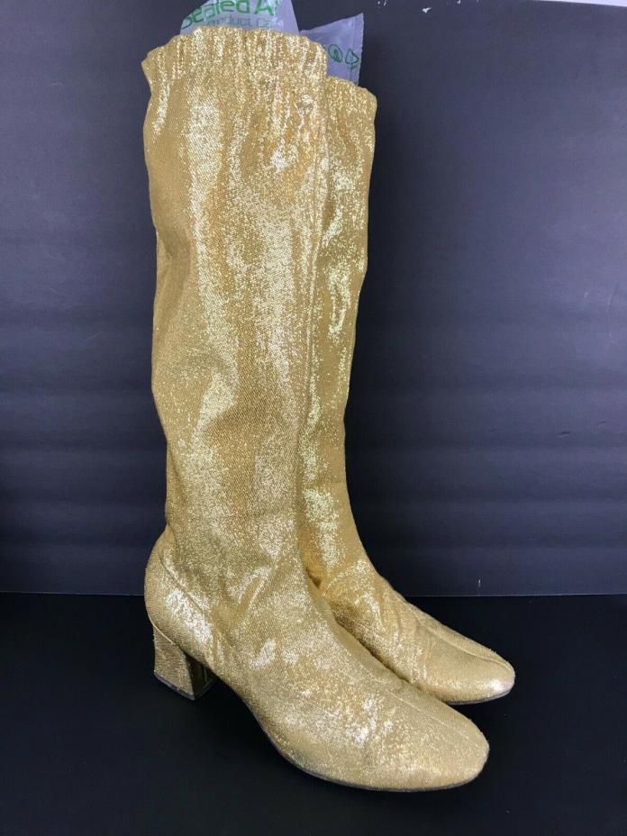 Vintage 60s Gold Metallic 8 Lurex Stretch Knee High Calf Gogo Boots Lame Mod