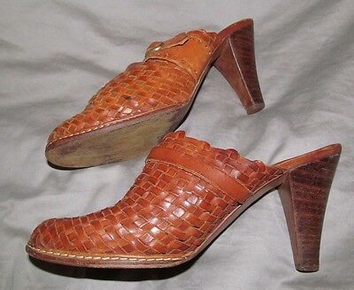 Vintage early 1980s Brown weave leather high stack heel clogs HIPPOTAMUS - 6.5 B