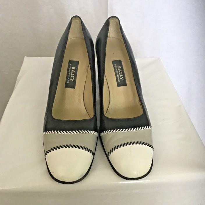 Vintage Bally Women Shoe Pilina Leather High Heel Classic Pump Navy White Sz7.5M