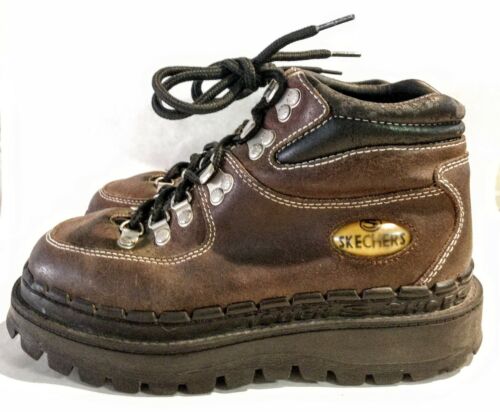 Vintage 90s Skechers Jammers 6.5 Brown Leather PLATFORM Hiking Boots UK 4.5 RARE