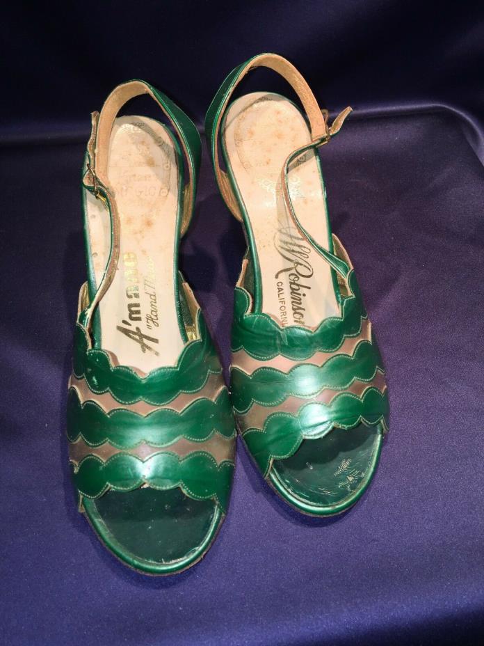 C1950 Vintage Green Leather + Clear Lucite Ladies Heels A'mano Handmade Italy