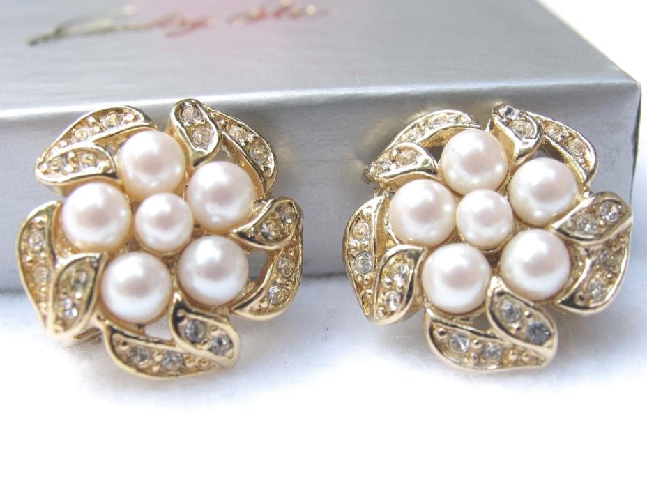 SPARKLING HE GOLD T PEARL RHINESTONE CLIP EARRINGS VINTAGE WEDDING BRIDAL MINT!