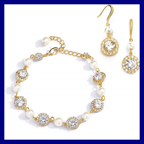 14K GOLD & Pearl Round CZ Bridal Bracelet Earrings Set Wedding Jewelry Gold
