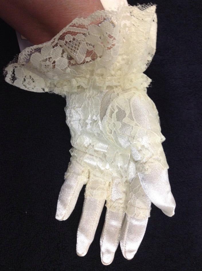 Satin Lace Gloves Fingerless Overlay Ivory Vintage Ruffle Madonna Bridal 80s USA
