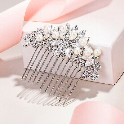 Flower Pearl Bridal Hair Comb Wedding Clear Austrian Crystal Silver Plated Gift