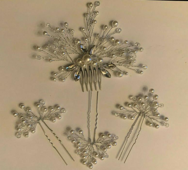 Wedding Dance Pageant Pearl and Rhinestone Hair Accessories Silver Comb & Pins