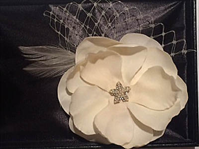 Hair Clip Bridal Ivory Silk Flower Rhinestone Starfish Netting Feather