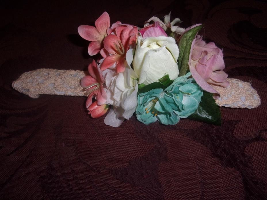 Wrist Corsages, Wedding, Proms teal ivory peach with a lace band