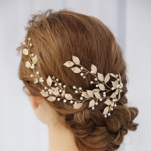 Unicra Gold Wedding Leaves Hair Vines with Pearl Wedding Bridal Headpieces for
