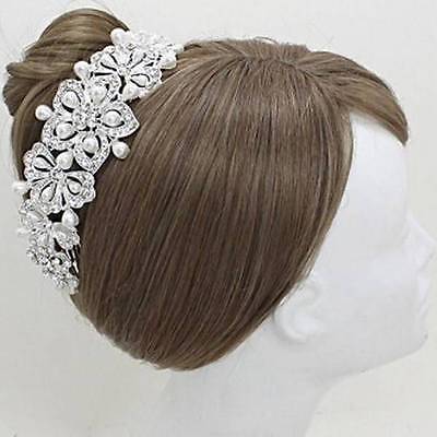 Lovely Silver Tone Crystal Faux Pearl Floral Wedding Hair Comb Stick 9”L