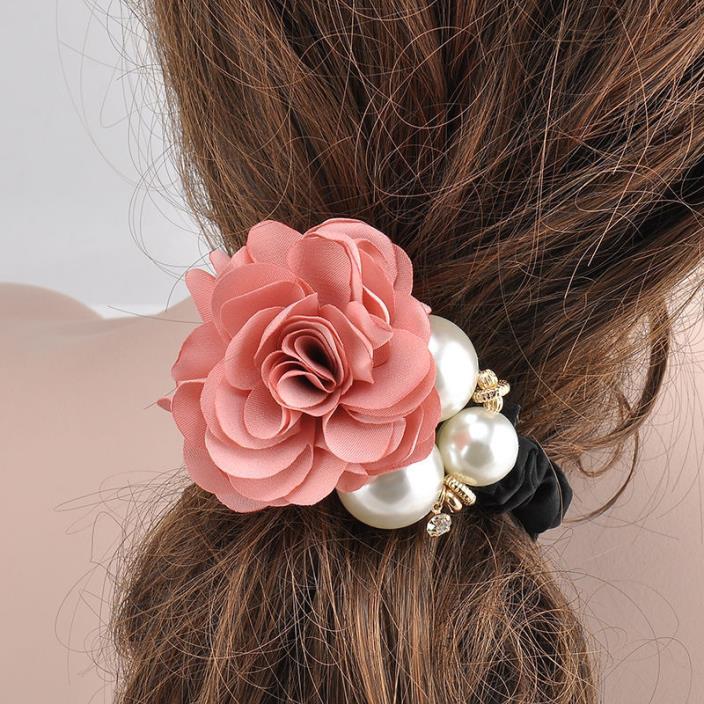 Pearl Peachy Rose Elegant Floral Scrunchie Ponytail Holder Bridesmaid Formal NEW