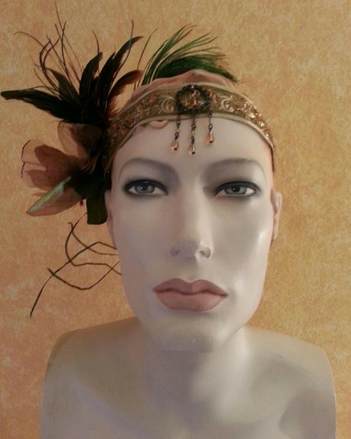Gatsby 20's Flapper Gold Peacock Bead Bridal Headpiece Party Wedding Costume