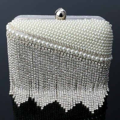 silver /white tassel beadnig bridal /prom  Party Ladies Evening Clutch Bags e 21