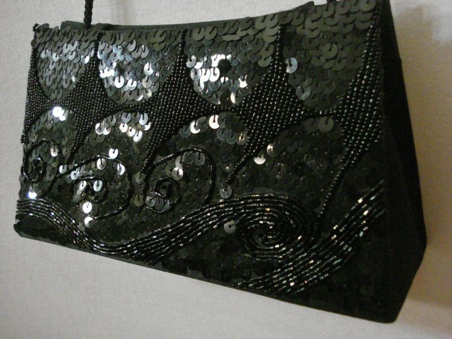 Black Beaded Sequin Clutch Purse Hand Bag Shoulder Bag Formal Accessory Chic