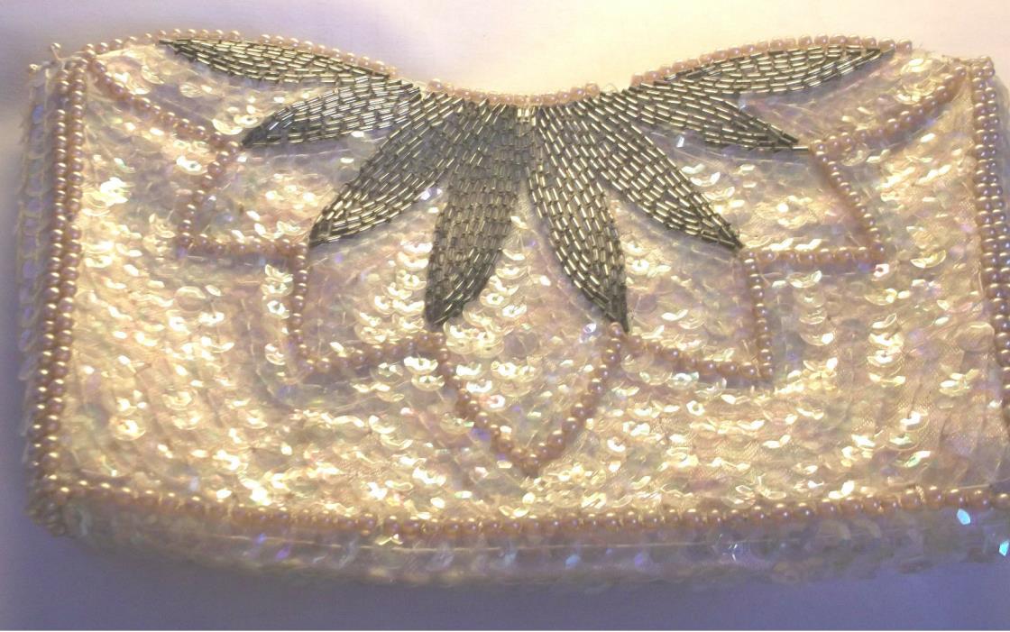Evening Bag Clutch Purse Sequins Faux Pearls Beads Japan Checkbook Size 7 1/2x 5