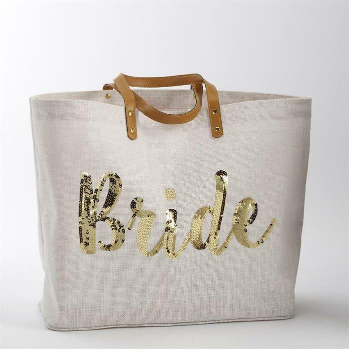 Mudpie bride sequin jute tote bag wedding tote bag began leather handle large