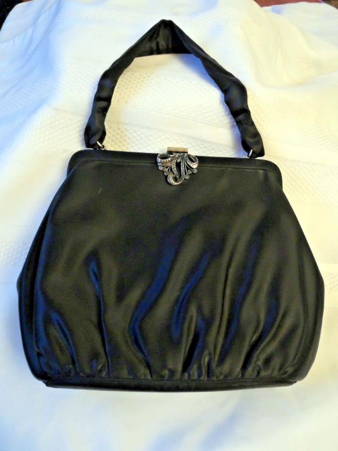 STUNNING BLACK SATIN EVENING BAG W/ MARCASITE CLIP-PERFECT FOR SPECIAL OCCASIONS