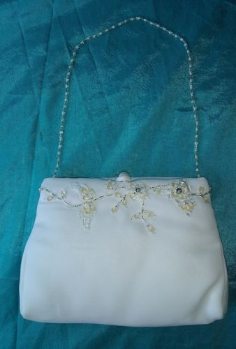 New Small White Satin Wedding Bride / Bridal Handbag Purse Beaded Handle