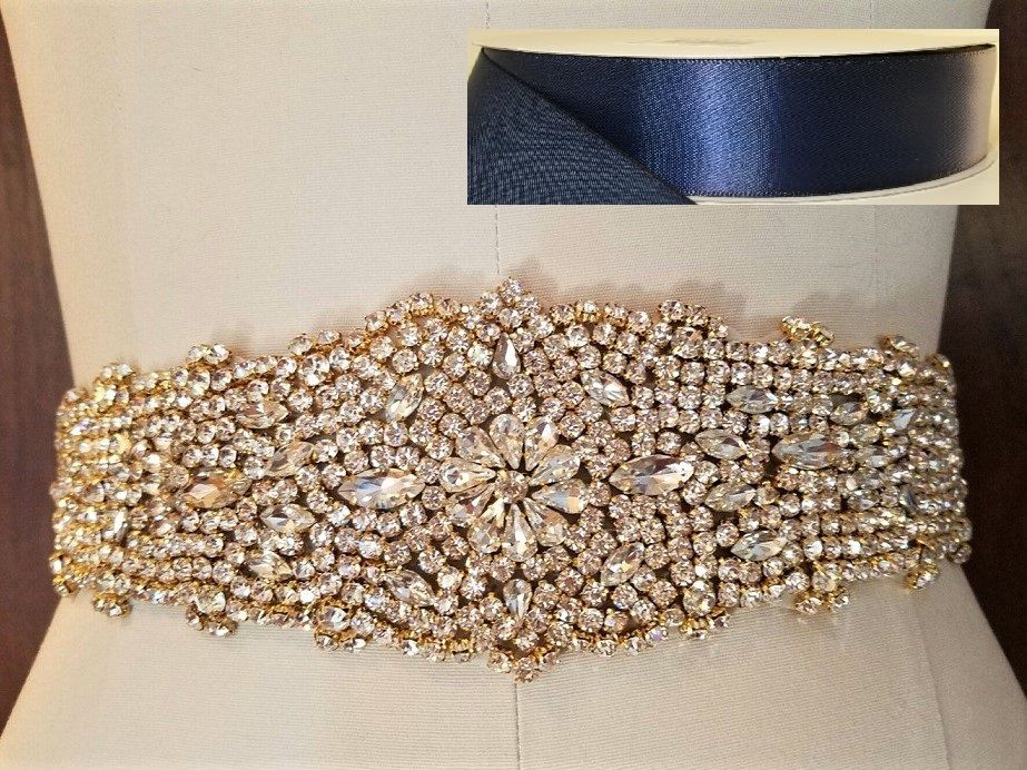 Wedding Dress Sash Belt - LIGHT GOLD Crystal Sash Belt = 12 1/2
