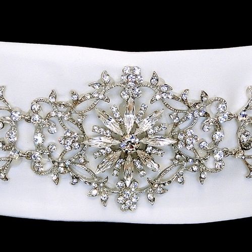 * Clear Rhinestone Floral Sash Satin Belt WHITE OR IVORY AVAILABLE