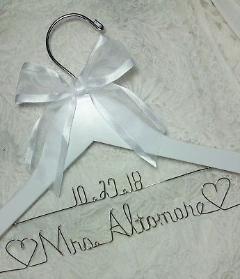 Wedding Dress Hanger Bride Name with date choice of 12 bow colors White - gift