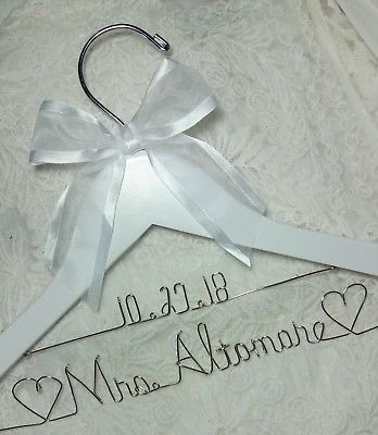 Wedding Dress Hanger Bride Name with date your choice of 12 bow colors White