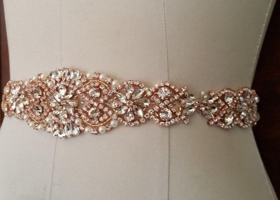 Wedding Dress Sash Belt - ROSE GOLD Crystal Pearl Sash Belt = 21 INCH LONG