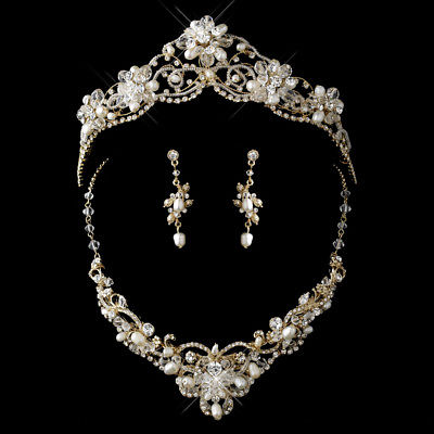 Gold Freshwater Pearl,Swarovski Crystal Bead and Rhinestone Tiara Headpiece