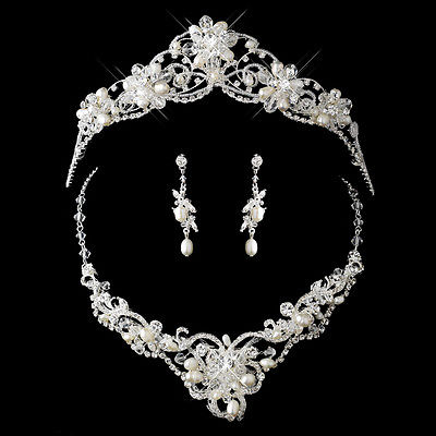 Silver Freshwater Pearl, Swarovski Crystal Bead and Rhinestone Tiara Headpiece