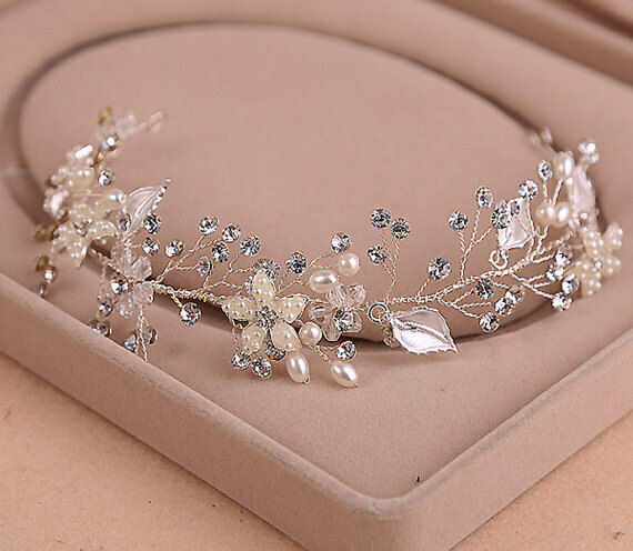 Handmade Pearl&Crystal Bridal Wedding Ribbon Leaf Hair Vine Headband Tiara Silve