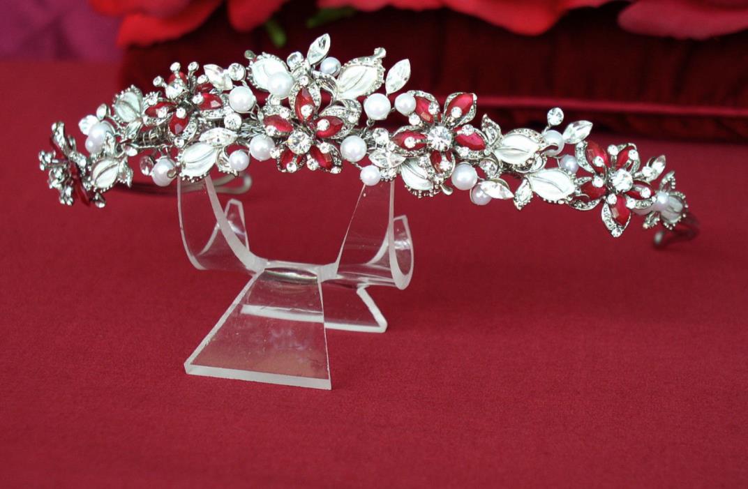 David's Bridal Tiara Earrings Necklace Set Pearl Crown Red Apple Flowers Stones