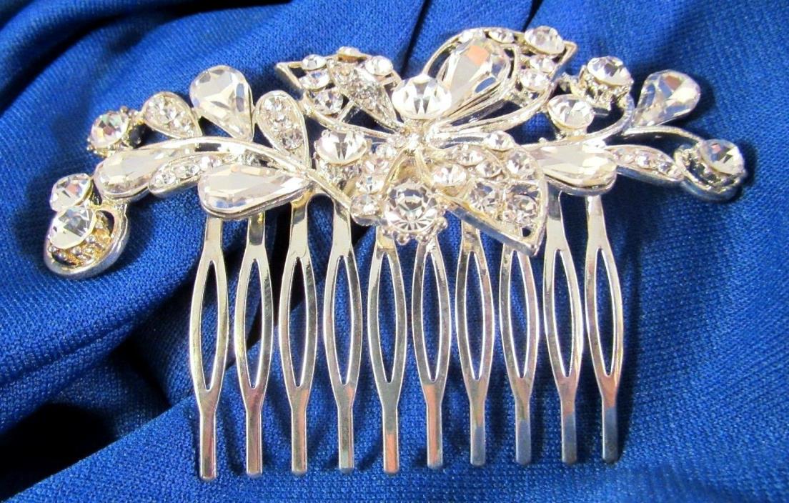 Crystal Hair Comb Clear Flower Stones Metal Silver Tone Comb