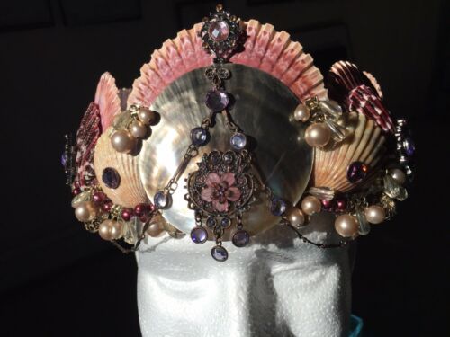 Custom Art Nouveau Deco Mermaid Seashell Shell MOP Pearls Mauve Swarovski Crown
