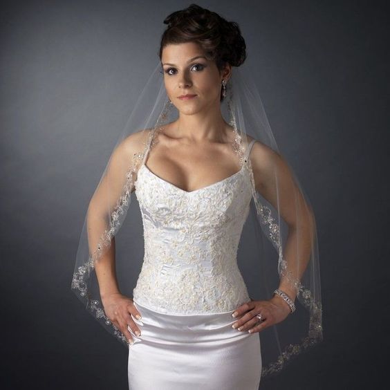 Ivory Single Fingertip Embroidered Floral Bugle Beaded Edge Bridal Veil DISCOUNT