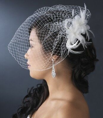 Wedding bridal Floral Feather crystal fascinator w/birdcage russian veil Ivory