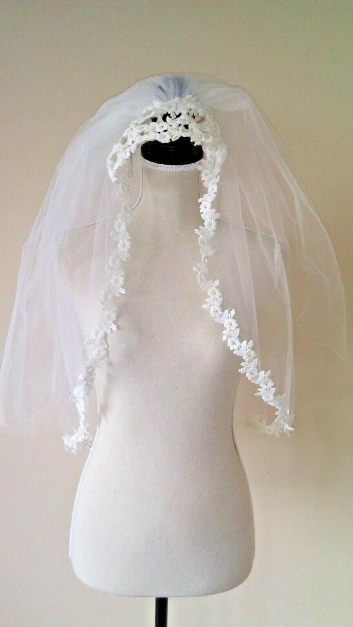 VTG handmade two tiered white bridal veil 60's 70's with floral design on edging
