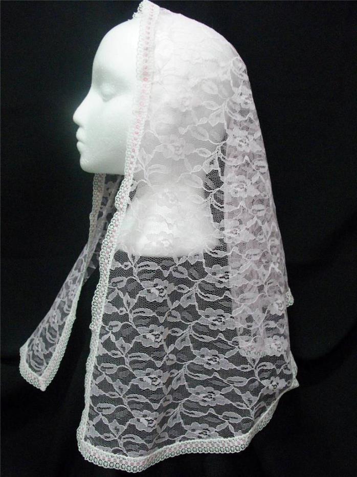 MANTILLA VEIL PINK LACE HEAD COVERING MASS LATIN CHURCH CATHOLIC  BEAUTIFUL #105