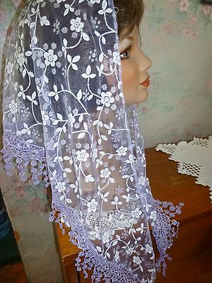 head covering, veil, mantilla  lace, pale purple floral with white and silver