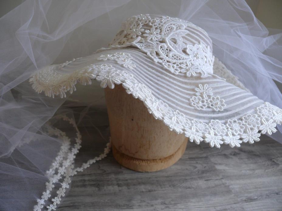 Wedding Hat & Veil Vtg 90s Off White Beads & Lace 4 Layers 26