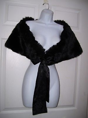 Evening Shawl Wrap Black Faux Fur Collection XIIX LTD Black Ribbon Tie NWT