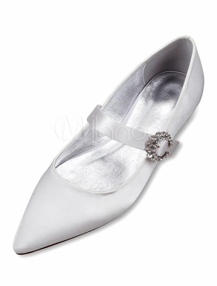 White Bridal Shoes Satin Pointed Toe Rhinestone Flat Wedding Shoes New 10.5