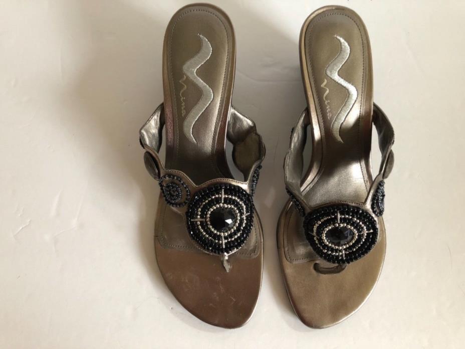 Nina  Thong Sandal with21/4 in wedge jeweled  silver and black size8M