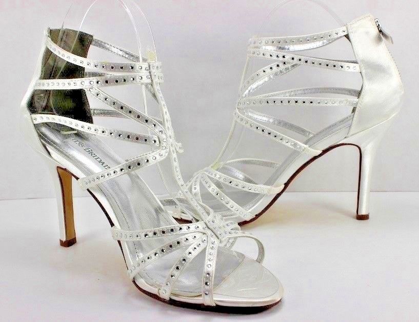 NEW Davids Bridal Heels Shoes Vienna White Silver Satin Rhinestones Back Zip 10M