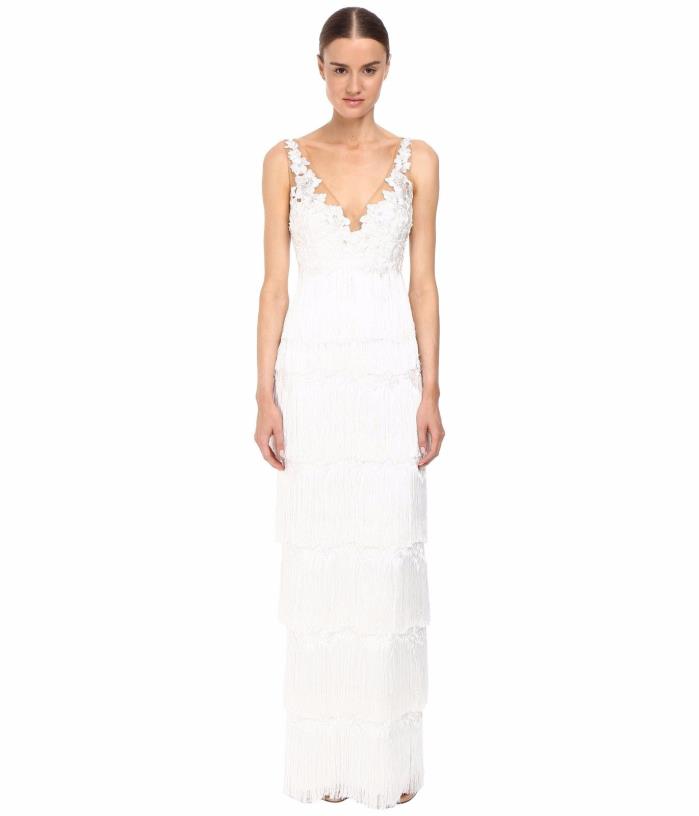 Marchesa Notte Fringe Gown Ivory Women's Full Lenght Sheath Dress Gown Size 4