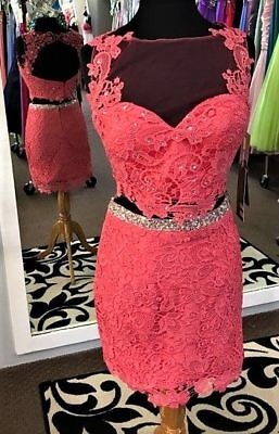 NWT 2pc Coral Lace Crop Top Skirt Short Homecoming Prom Party Cocktail Dress M