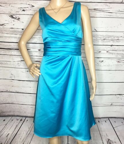 Davids Bridal Bridesmaid Sleeveless V Neck Satin Oasis Aqua Blue Dress Size 6
