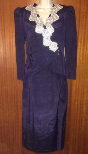 Vtg Scott McClintock Dress 2 pc Skirt Jacket Purple Wedding White Sequin Small