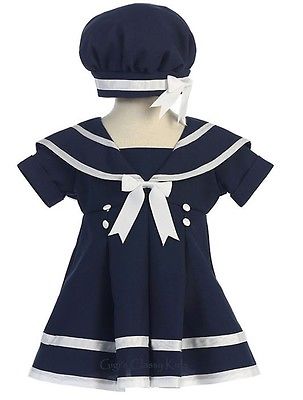 New Girls Navy White Sailor Striped Dress with Nautical Hat Easter Party 166
