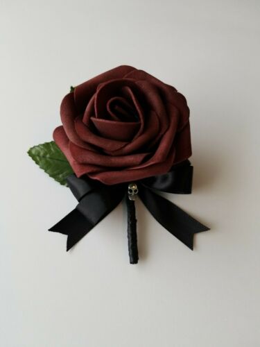 Burgundy and black Skull Boutonniere, burgundy lapel pin, gothic boutonniere,